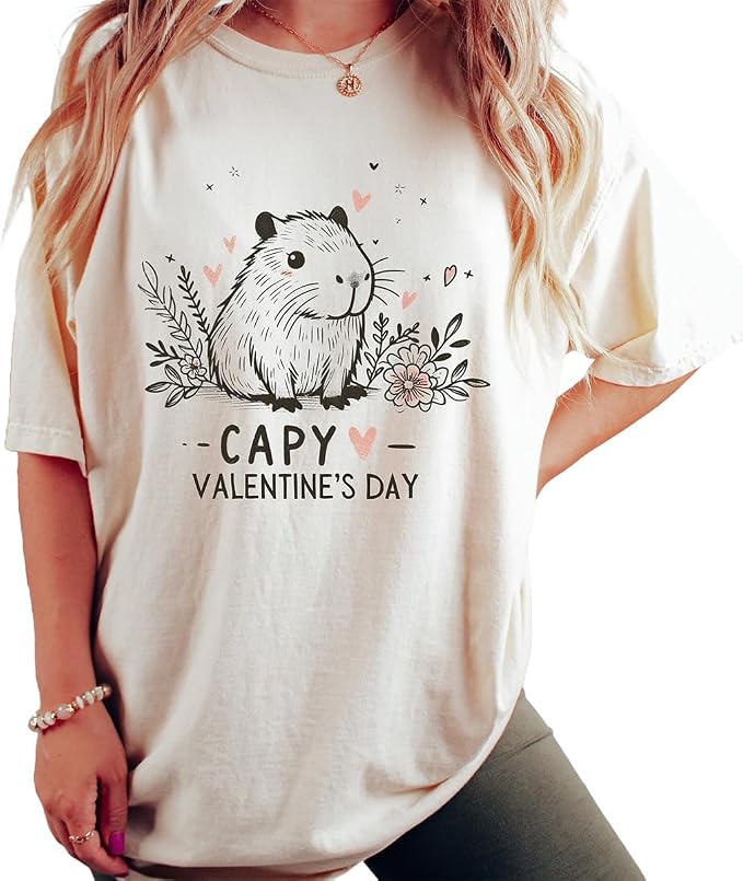 61WEfZcWDIL._AC_SX679_ Happy Valentine's Day Capybara T-Shirt | Cute Animal Graphic Tee for Women | Valentine's Day Gift | Soft Unisex Crew Neck Shirt|Bundle of 10 Products - Image 1